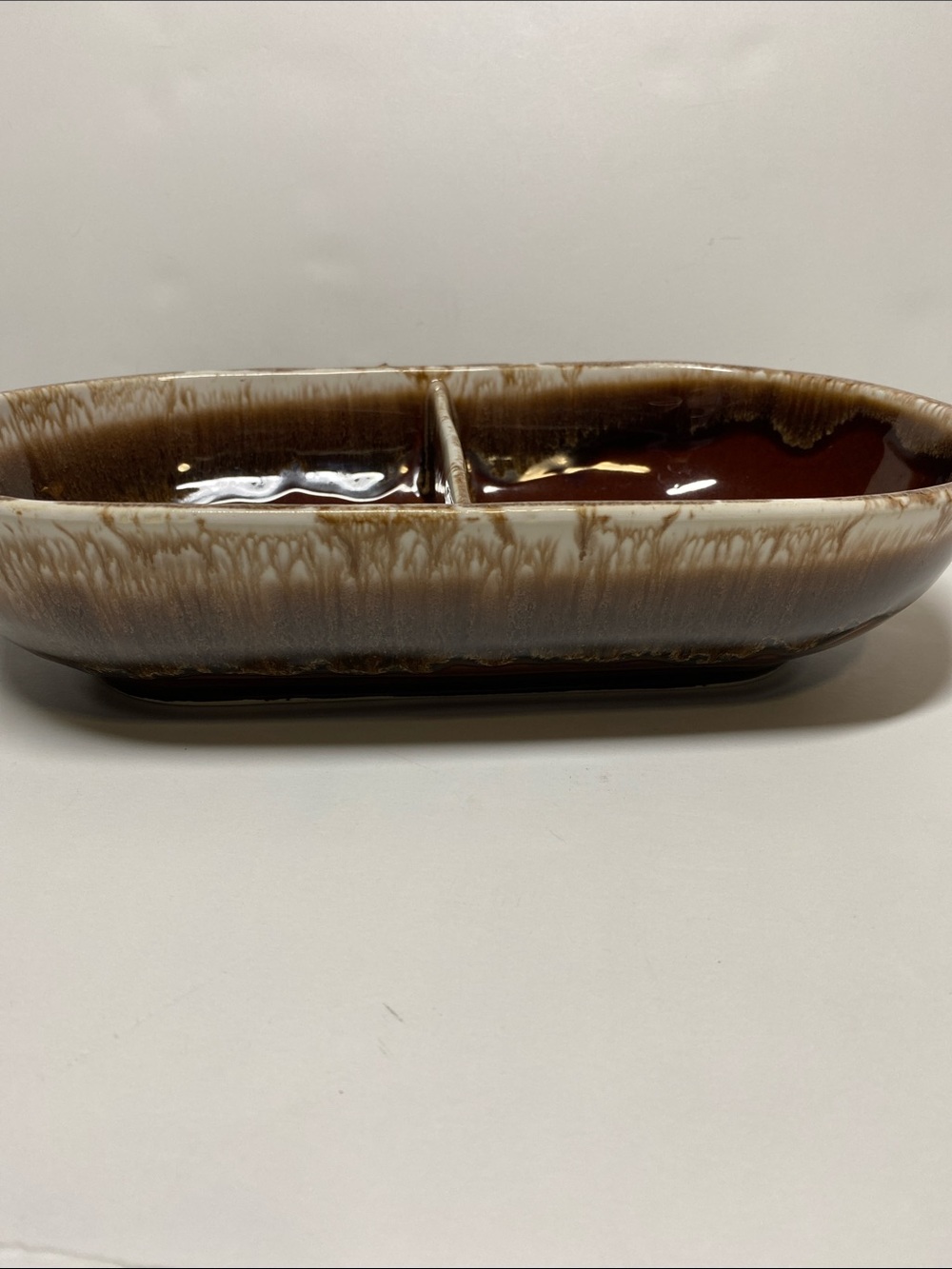 Vintage McCoy 7038 Brown Drip Pottery Oval Divided Serving Tray Veggie Dish